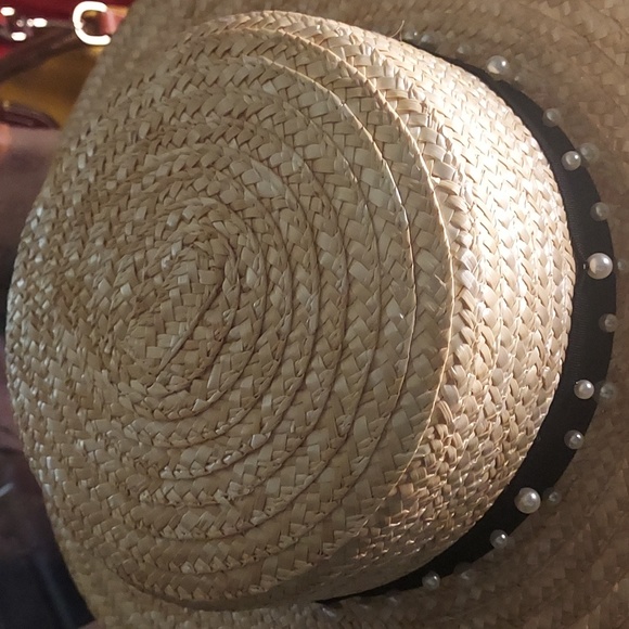 Wheat Straw & Pearl Black Ribbon Boater Hat by BCBGeneration - Picture 3 of 5